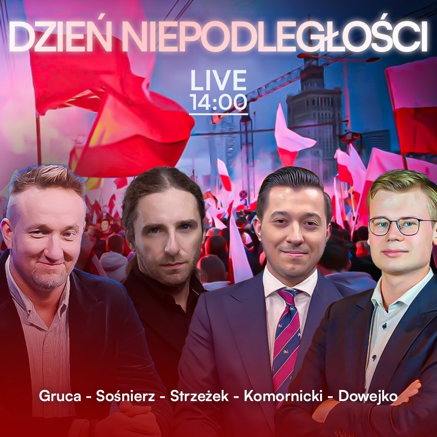 🇵🇱 Już o 14:00 na naszym kanale transmisja z obchodów Dnia Niepodległości z udziałem <a href="/AjDowejko/">Mikołaj Dowejko</a>, <a href="/Gruca_Radoslaw/">Radosław Gruca</a>, <a href="/JanStrzezek/">Jan Strzeżek</a>, <a href="/SosnierzInfo/">#EkipaSośnierza</a> i <a href="/KomornickiLeon/">Leon Komornicki</a>. 

Zachęcamy do udziału i wspólnego świętowania, link poniżej 👇