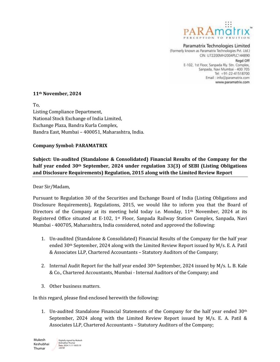 nileshkurhade's tweet image. 📌 Paramatrix Technologies Limited informed the exchange about its approval for the financial results for the half year ended September 30, 2024. #SME #PARAMATRIX 📄🧾