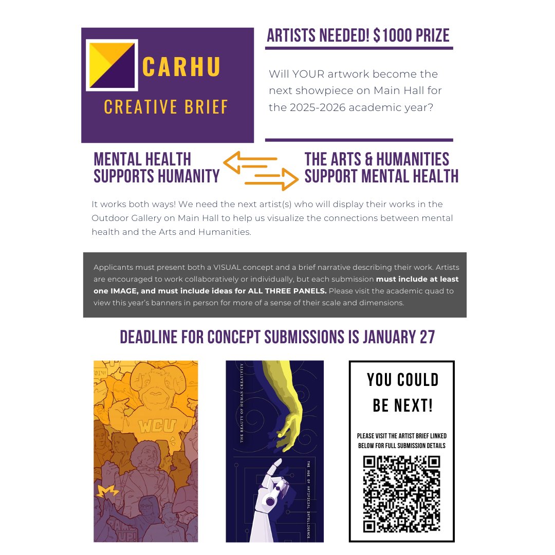 WCU's College of Arts and Humanities Dean's Office is looking for the next great masterpiece to adorn Main Hall! We are looking for artistic renderings that speak to a theme of "The connection between mental health and the arts &amp; humanities."

Follow the link in the QR code.