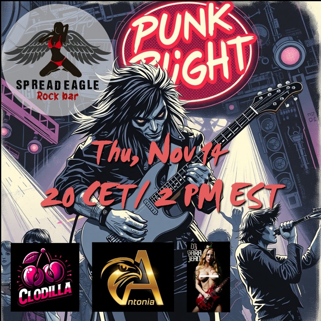 Get ready for an electrifying night at Spread Eagle Rock Club! Join fellow music lovers as amazing DJs spin the finest punk tunes. Gather your friends, unleash your wild side, and dive into an unforgettable punk adventure! <a href="/SaraJean3DX/">Sara Paul</a> <a href="/CloZilla3dx/">Clodilla</a> <a href="/MobBossPaulie/">Paulie</a>