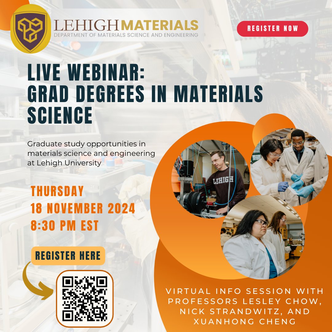 The MSE Dept will hold a virtual info session on MSE Graduate Programs on Thursday, November 18th from 8:30-9:30pm.  Register (engineering.lehigh.edu/mse/info-sessi…) by 11/13 to receive an email with the Zoom link!