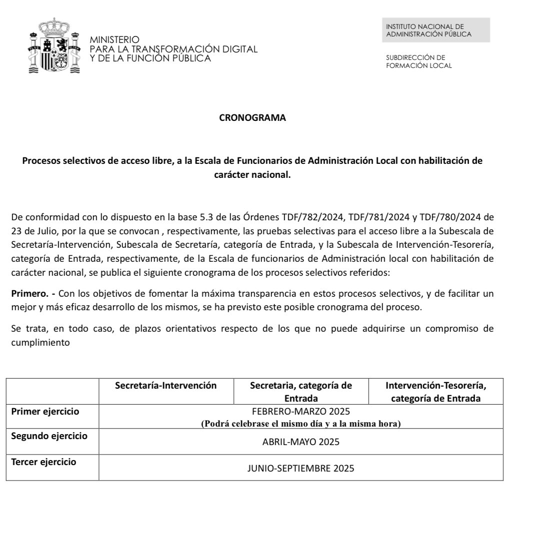 📌 Publicado en la web del INAP el cronograma de los procesos selectivos FHCN de turno libre.

🗓️ Se retrasa el primer ejercicio a febrero-marzo 2025

#FHCN 

sede.inap.gob.es/documents/5931…