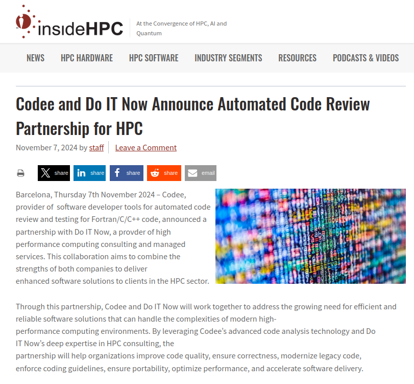 DoItNow_Tech's tweet photo. Codee and Do IT Now Announce Automated Code Review Partnership for HPC

📰 @insideHPC 

➡️ https://t.co/Hf4BG1ultg

#HPC #DoITNowHPCservices #DoITNowGroup
@DoItNow_Tech @codee_com https://t.co/hkwnI01foZ