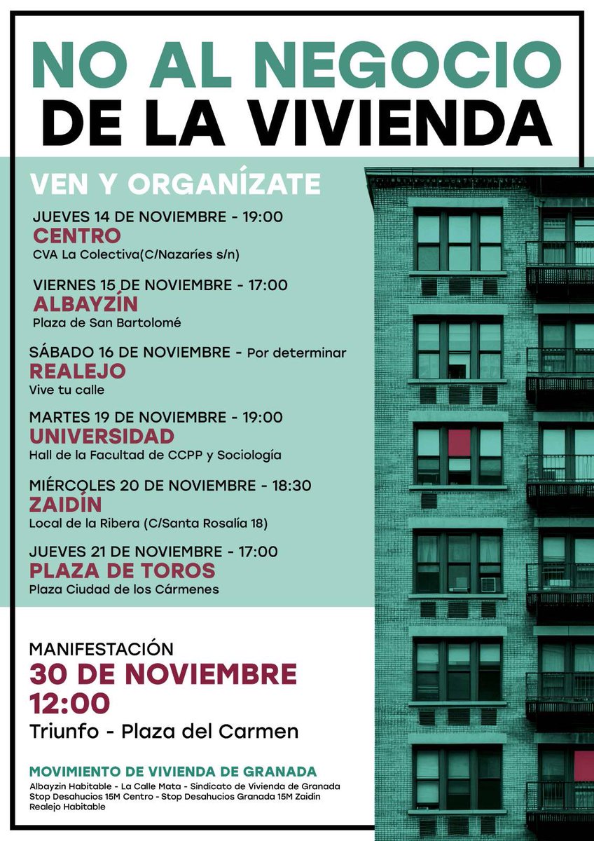 SVGranada's tweet photo. #30N | ASAMBLEAS DE BARRIO

El próximo 30 de noviembre tenemos que desbordar las calles de Granada.

Para ello, estaremos organizando asambleas en distintos barrios desde este jueves 14 para recoger propuestas y preparar la manifestación.

¡Busca la tuya y apunta la fecha! 🔥 https://t.co/aUSNiUFt7c