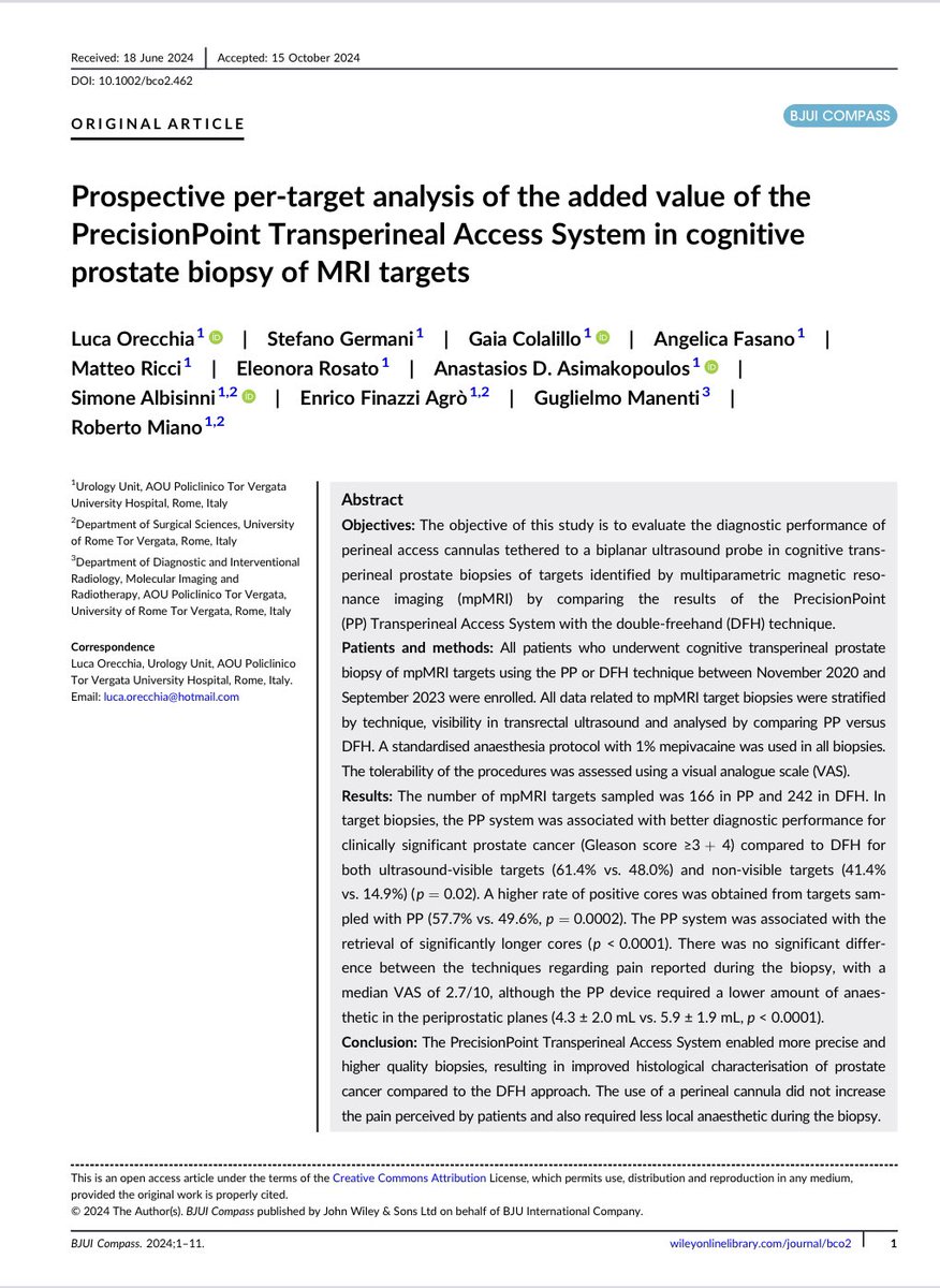 Roberto (@robymiano) on Twitter photo Our last paper just released <a href="/BJUICompass/">BJUI Compass</a>
Several advantages on using PrecisionPoint Transperineal Access System:
-more precise and higher quality biopsies
-less local anesthesia
-faster learning curve
<a href="/luca_orecchia/">Luca Orecchia</a> <a href="/BXTA_/">BXTA</a> <a href="/PNLogic/">Perineologic®</a>
bjui-journals.onlinelibrary.wiley.com/doi/epdf/10.10… Our last paper just released <a href="/BJUICompass/">BJUI Compass</a>
Several advantages on using PrecisionPoint Transperineal Access System:
-more precise and higher quality biopsies
-less local anesthesia
-faster learning curve
<a href="/luca_orecchia/">Luca Orecchia</a> <a href="/BXTA_/">BXTA</a> <a href="/PNLogic/">Perineologic®</a>
bjui-journals.onlinelibrary.wiley.com/doi/epdf/10.10…