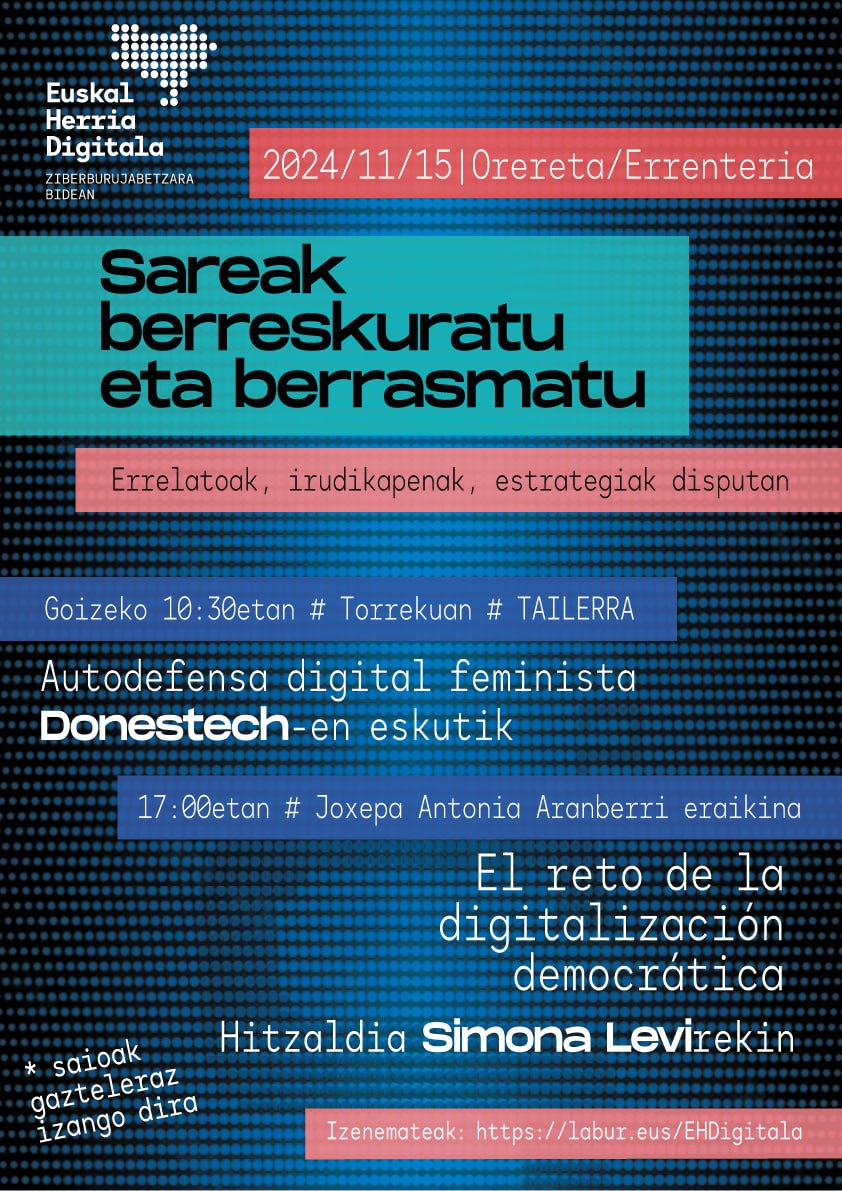 TEKSarea's tweet photo. [Gogoratu]

Ostiral honetan, azaroak 15, jardunaldia egingo dugu #EHDigitala ekimeneko kideek.

https://t.co/llF91uifZN

Digitalitate demokratikoak berreskuratzeko ordua da, eta horretarako ezinbestekoa da ikasi eta antolatzea.

#SareLibreak #TeknologiaBurujabetza #Komunikazioa https://t.co/9066AM6AaT