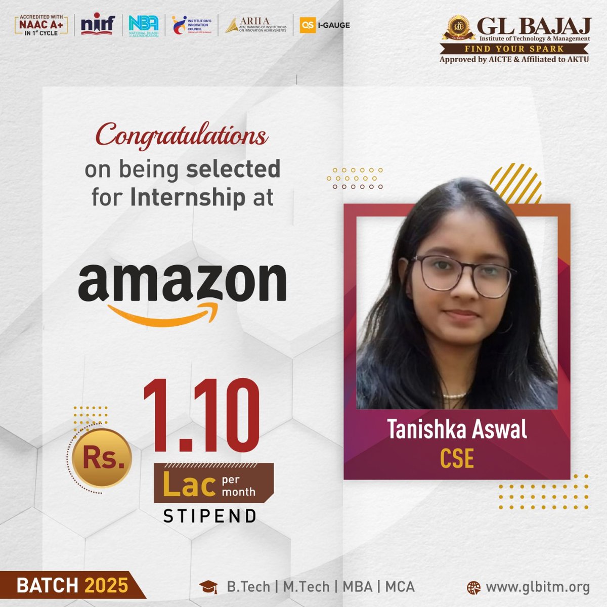 glbajaj's tweet photo. Tanishka Aswal https://t.co/HcPhrKM9yq (CSE), Batch 2025 of GL Bajaj Institute of Technology & Management (GLBITM) has secured an incredible internship opportunity at @Amazon at a stipend of Rs. 1,10,000.
#GLBajaj #GLBITM #Btech #CSE #Internship #amazon
#topBtechcollege https://t.co/BFJffmzGaY