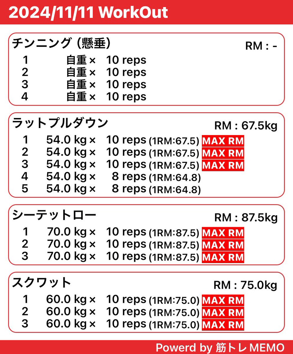 2024/11/11 記録
背中トレ
仕事で遅くなったから短め…

#筋トレ　#筋トレ好きと繋がりたい　#トレーニング　#ダイエット