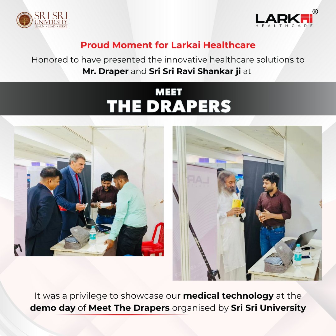 Larkai Healthcare is privileged for the opportunity to demonstrate the innovations at the Demo Day to Mr. Tim Draper and Sri Sri Ravi Shankar at Meet the Drapers, India Session organized by the #SriSriUniversity.

#innovation #healthcare #AI #technology #MeetTheDrapers