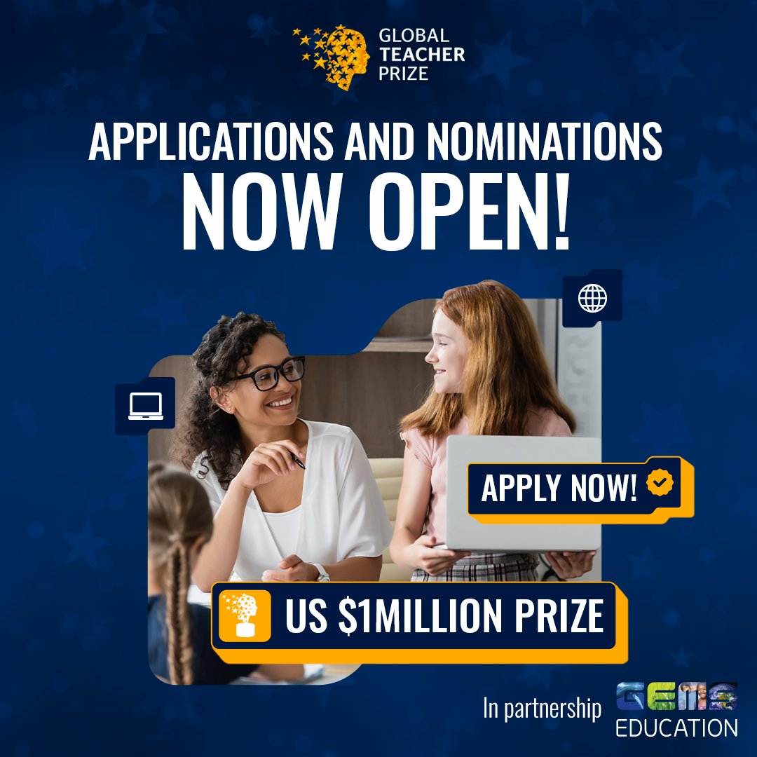 Teachers, it’s your time to shine! 🌟

🏆 Apply now for the 9th <a href="/VarkeyFdn/">Varkey Foundation</a> #GlobalTeacherPrize, in partnership with <a href="/GEMSEducation/">GEMS Education Group</a>.

This is your chance to join a global community, raise the profile of teachers worldwide, and showcase the impact you’re making in education every