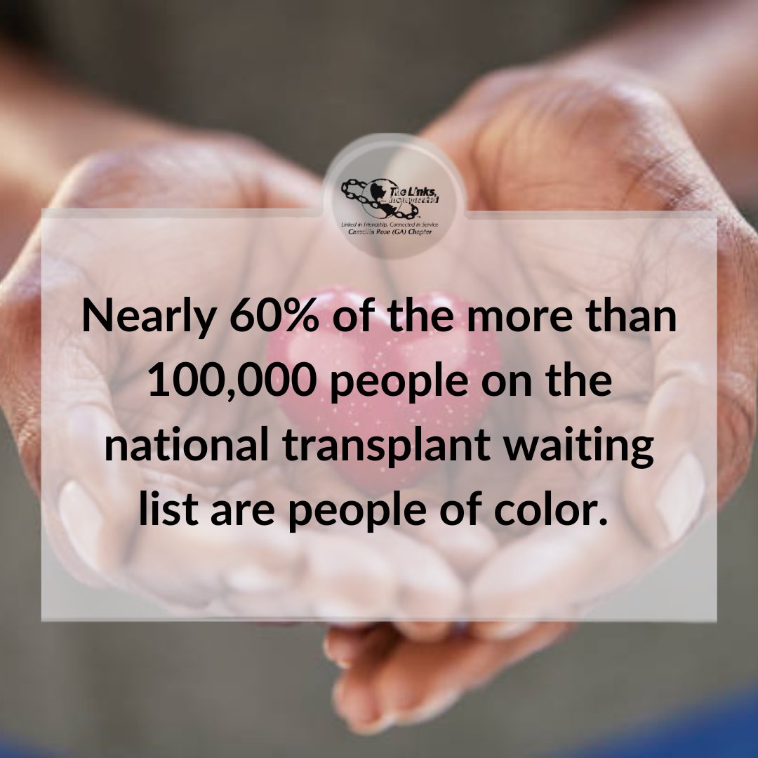 Nearly 60% of the more than 100,000 people on the national transplant waiting list are people of color. Diseases of the kidney, heart, lung, pancreas, &amp; liver that are best treated through transplantation are found more frequently in our communities. #LinkagesToLife  #DonateLife
