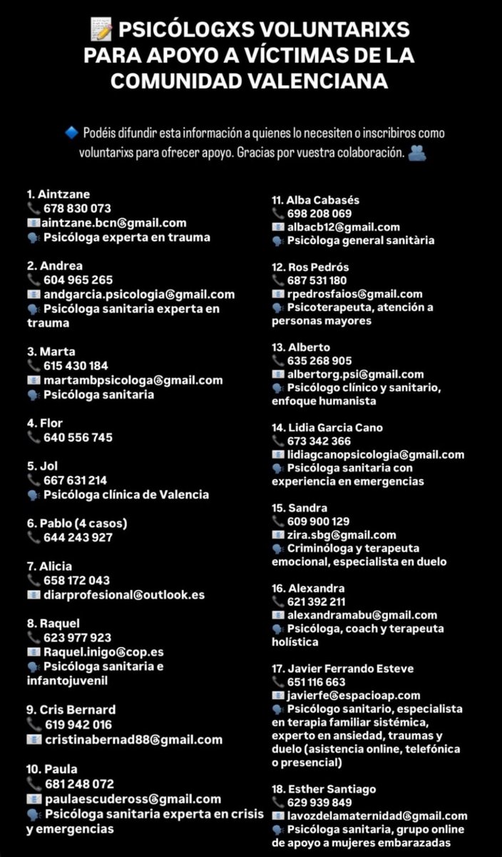 he visto esta lista de psicólogos voluntarios para ayudar a las víctimas de valencia, por si podéis ayudar a compartir 🫶🏼🫶🏼🫶🏼🫶🏼