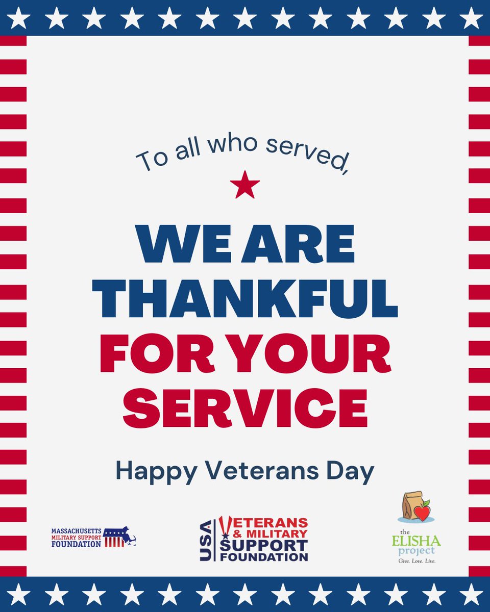**🇺🇸 Honoring Our Heroes on Veterans Day 🇺🇸**

Today, we pause to remember and honor the brave men and women who have served in our Armed Forces. We are deeply grateful for the sacrifices made. 
Happy Veterans Day! 🫡🇺🇸

#VeteransDay #MassMilitarySupport #USA4Vets #ELISHAProject