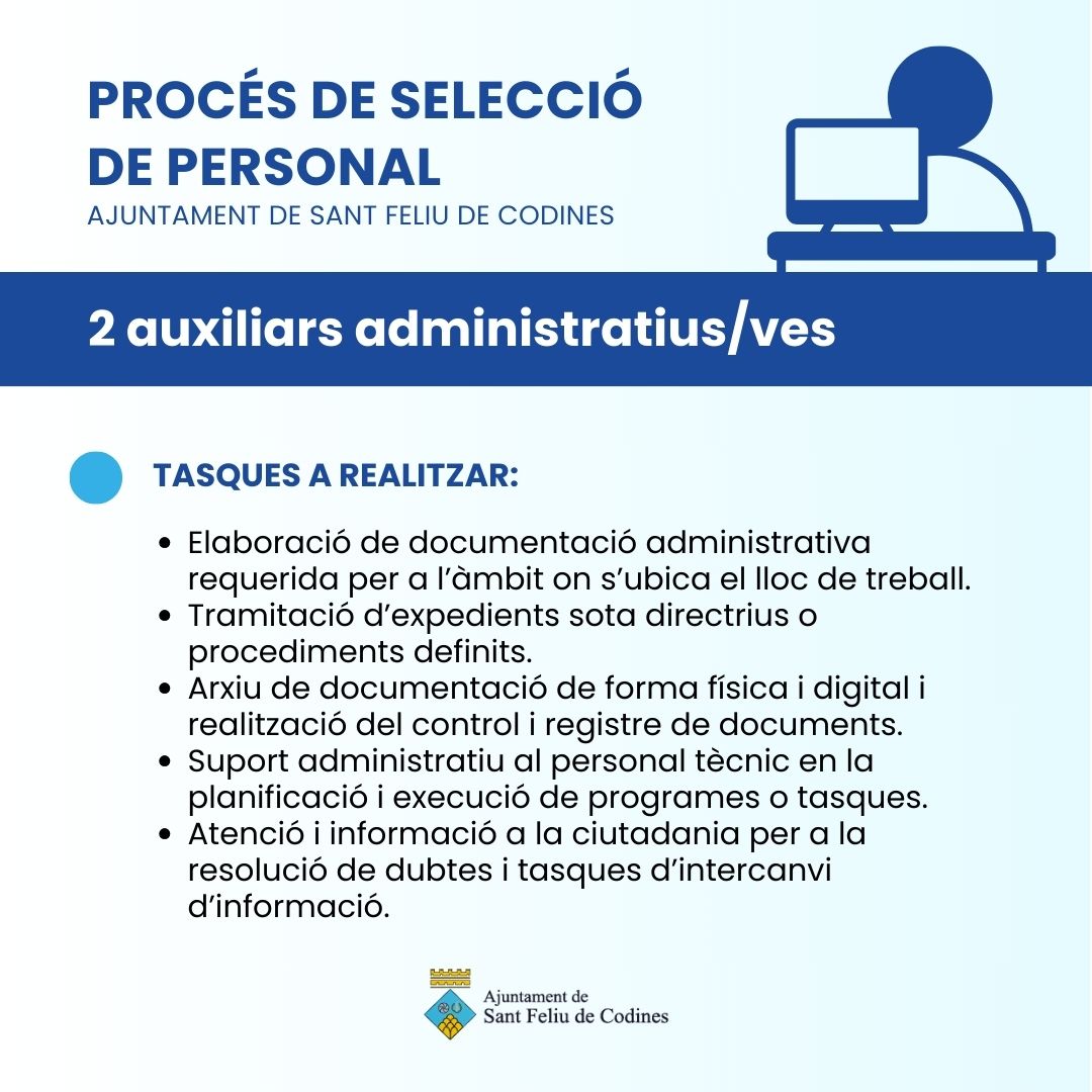 L'Ajuntament ha obert una convocatòria d'ocupació per a 2 places d'auxiliar administratiu/va #sfc182

👉 Com a funcionaris de l'escala d'administració general, del subgrup C2

🗓️ Termini de presentació de sol·licituds fins al 26 de novembre

➡️ Bases a santfeliudecodines.cat