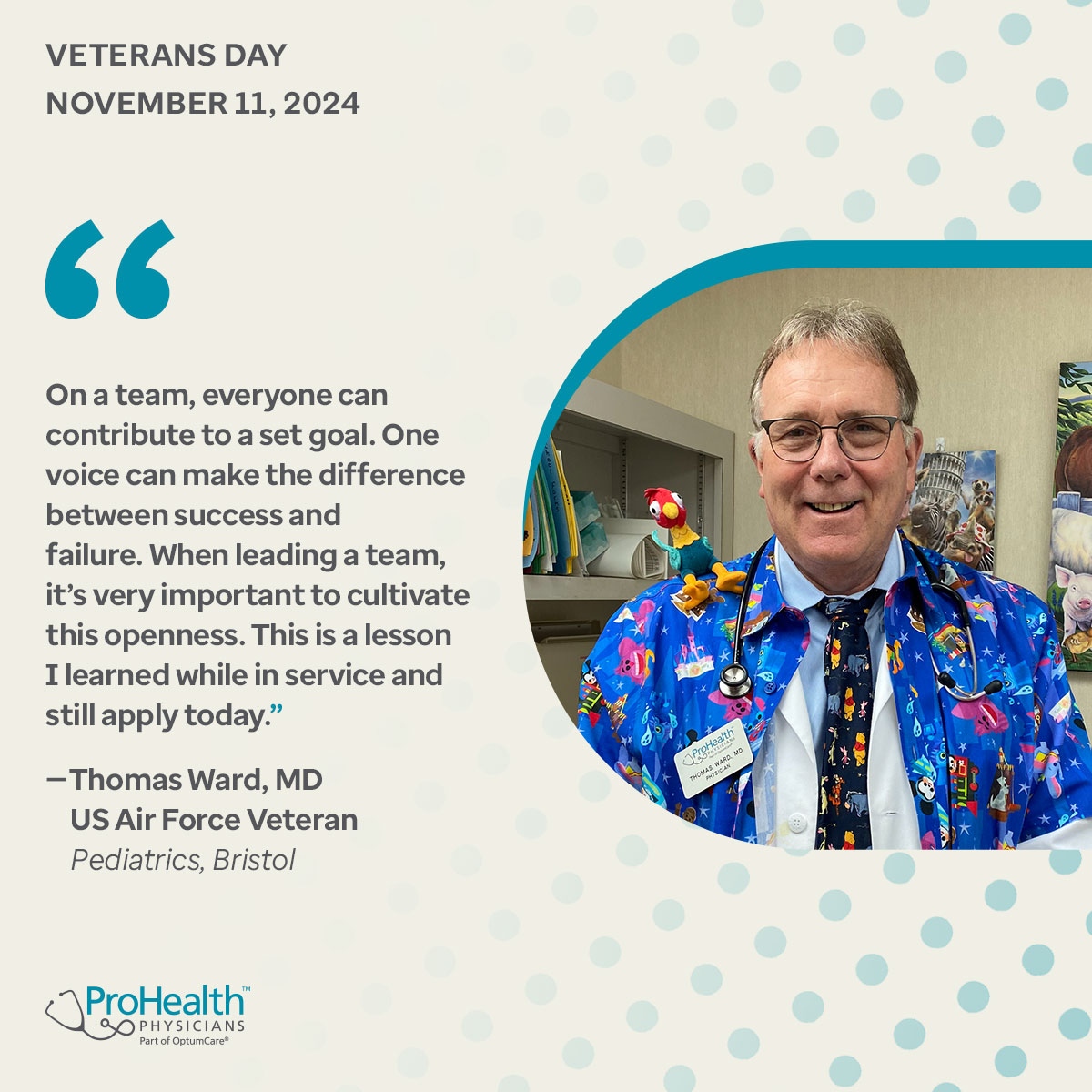 Today, we honor all the brave men and women who have selflessly served our nation. This includes our own Dr. Thomas Ward from Bristol. Veterans like Dr. Ward inspire us. They exemplify the strength of teamwork. Let us honor their spirit of service daily.
