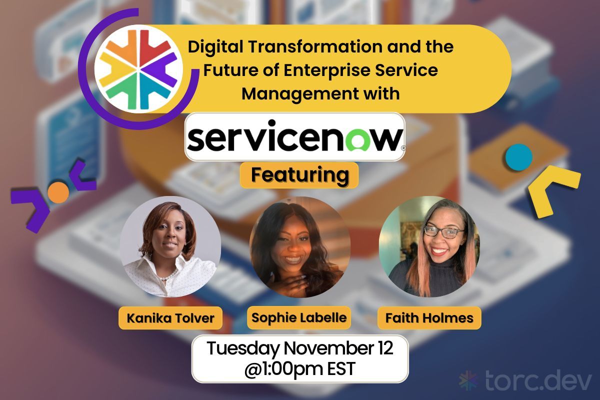 🎉 Mark your calendars! Join us Nov 12 at 1PM EST for the amazing <a href="/torcdotdev/">torc.dev</a> #ServiceNow panel feat. <a href="/KanikaTolver/">Kanika Tolver</a> , <a href="/_sophielabelle/">🇨🇩the snack that smiles back👩🏾‍💻 𐚁</a>, and <a href="/faithcodes23/">Faith</a>! #servicenow #techjobs. register in comments below!