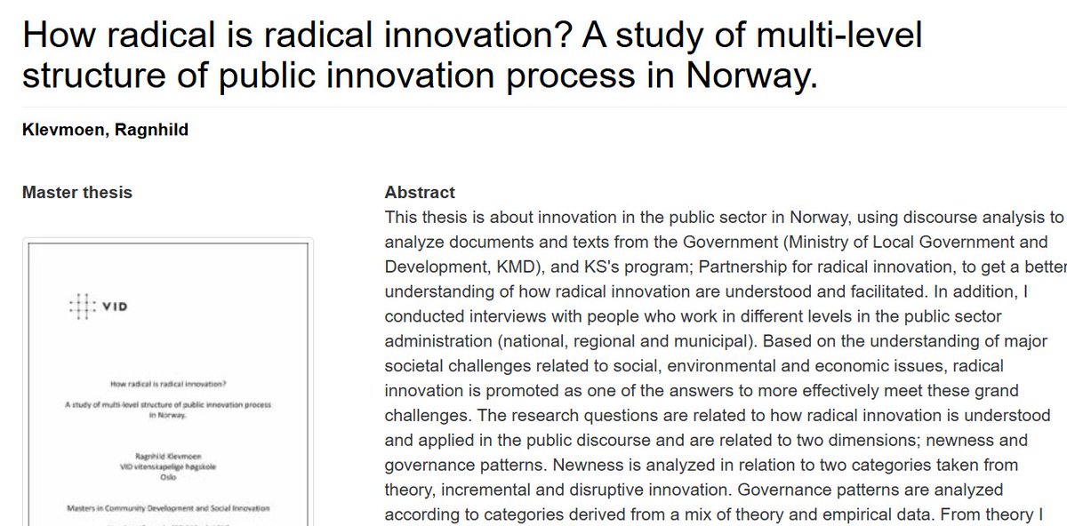 When it comes to the public sector, can innovation be called radical if not addressing the system level and confronting political &amp; power issues ? The danger otherwise is that social innovation is absorbed into existing systems – tamed into irrelevance vid.brage.unit.no/vid-xmlui/hand…