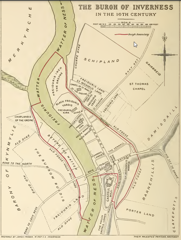 neilmcguigan's tweet photo. Reconstruction of 16th century burgh of Inverness with burgh boundaries depicted, designed for William Mackay's *Life in Inverness in the Sixteenth Century* (Aberdeen, 1911) https://t.co/qOsNxciuzR