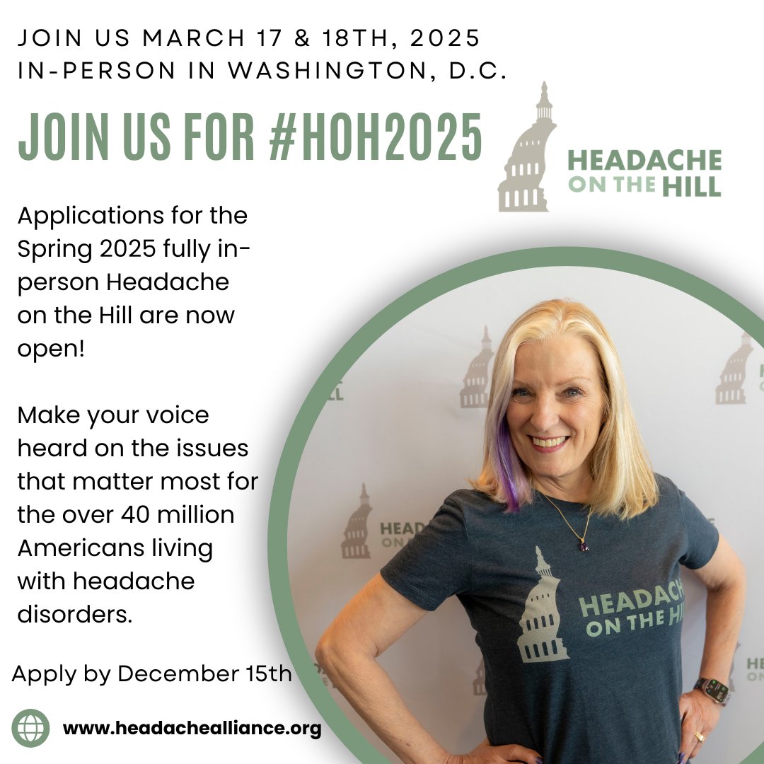 AHDAorg's tweet image. 🎉 Applications are OPEN for Headache on the Hill 2025! Join us in DC on March 17-18 to advocate for better headache &amp;amp; migraine care. No experience needed! 🚨 State Captain apps due by Nov 30th. All other applications due Dec 15th.

Apply here 👉 forms.allianceforheadacheadvocacy.org/a/hoh2025

#HOH2025