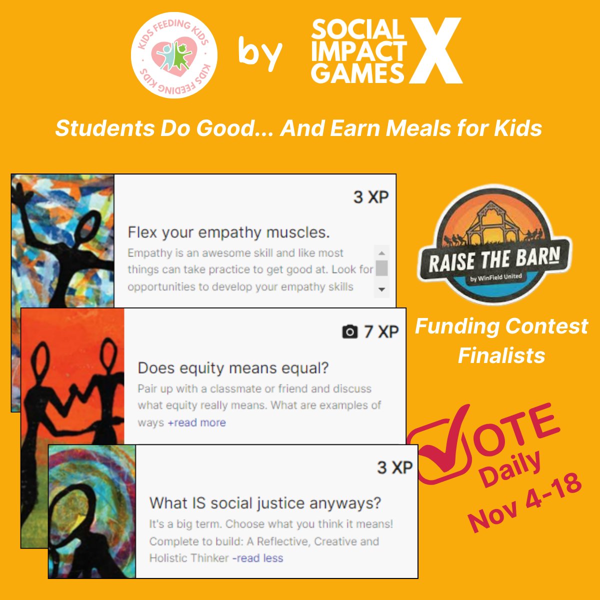 As students complete do-gooder challenges around Mental Health, SDG Action, and a host of other character building activities they earn meals for hungry kids in their community. Please vote for us now! winfieldunited.ca/en/community/r… #raisethebarn