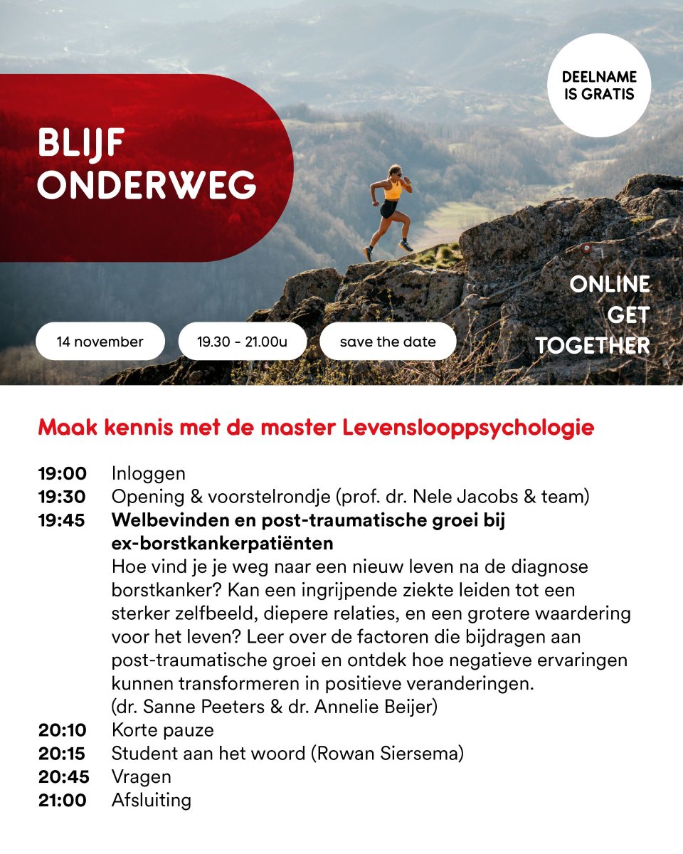 Laat jij je graag inspireren door waardevolle inzichten die kunnen bijdragen aan je veerkracht en persoonlijke groei?  
Hoor je graag van een alumnus en het docententeam meer over onze opleiding?
Schuif donderdag dan aan bij onze online Get Together, voel jullie welkom 😊