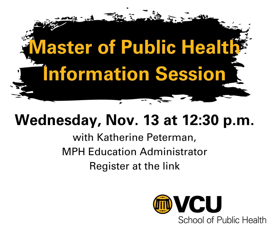 Join us for a virtual information session to learn all about our MPH program.

Wednesday, November 13 at 12:30 p.m.
Click here to register: us02web.zoom.us/meeting/regist…