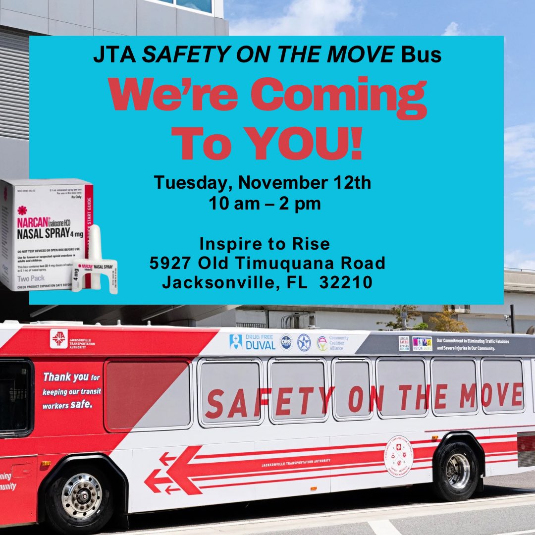🚍<a href="/JTAFLA/">Jacksonville Transportation Authority (JTA)</a> “Safety on the Move” bus will be at Inspire to Rise, 5927 Old Timuquana Road, Jacksonville Tuesday, Nov. 12th, from 10 am to 2pm. Come let DFDJax train you on the Signs of Opioid Overdose and Narcan administration receive a free Narcan kit! 
🔗 info@drugfreeduval.org