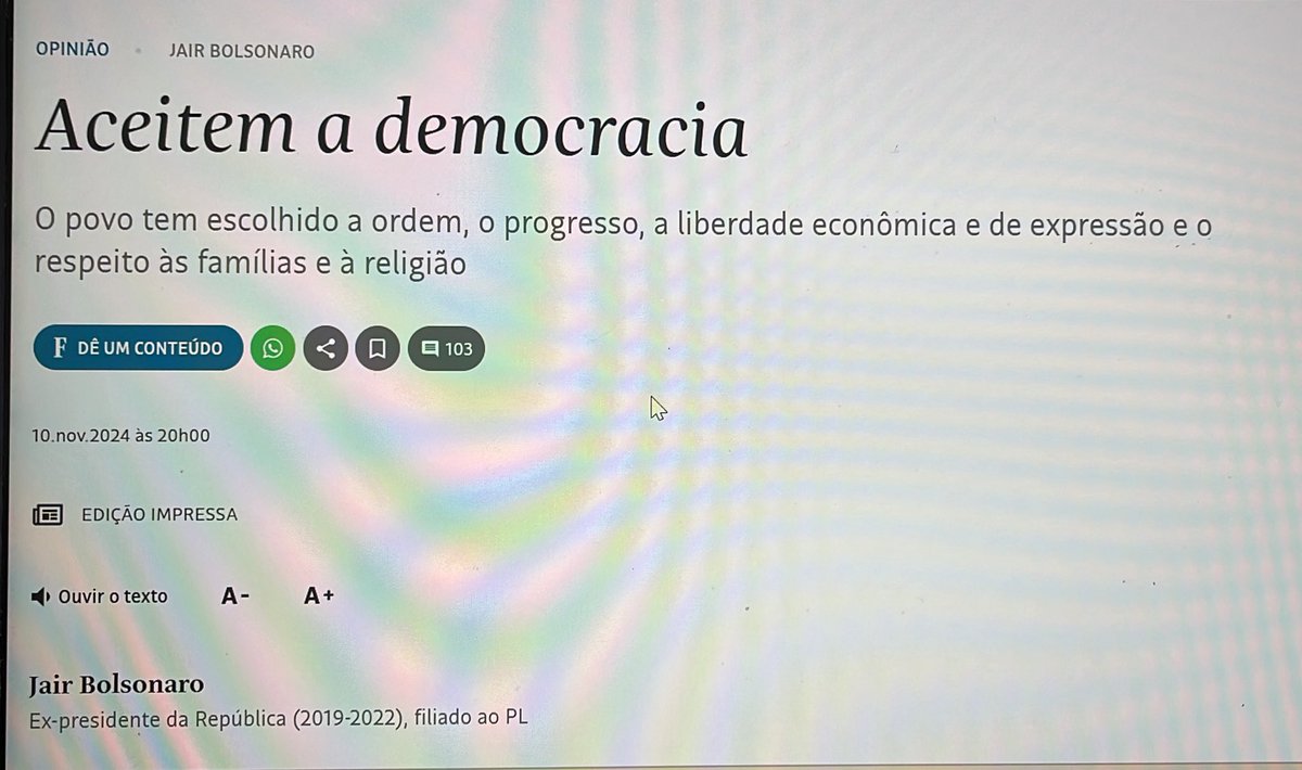 A Folha se superou: cedeu o espaço nobre de Tendências e Debates para o inelegível Jair Bolsonaro publicar um artigo com o título “Aceitem a Democracia”. Um golpista, que não aceitou resultado de eleição falando em democracia. Prendam logo esse homem que atenta contra o Brasil