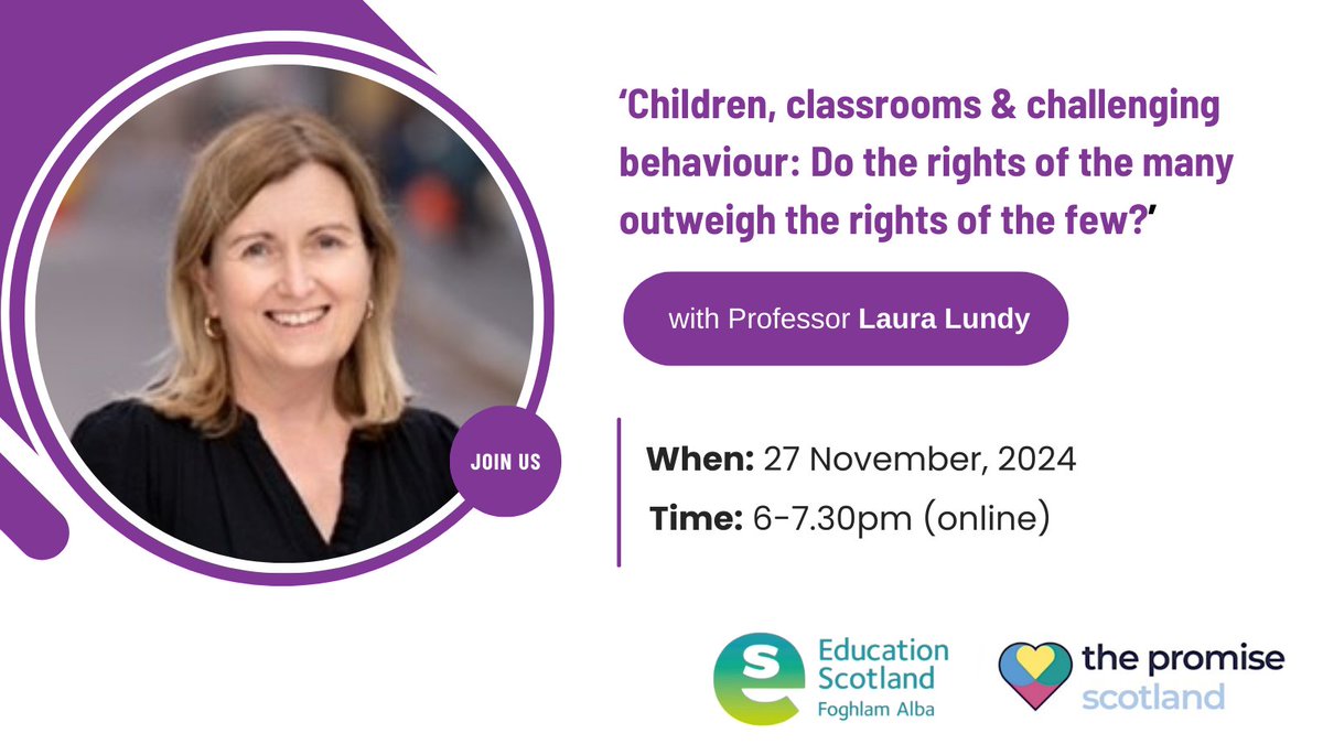 ✍️ There's still time to sign up! 

Join us online on Nov 27 to hear @ProfLauraLundy explore how a rights-based approach can be used to help school staff in Scotland address complex decision-making in the classroom. 

Sign up: ow.ly/ZsaX50U4ik9