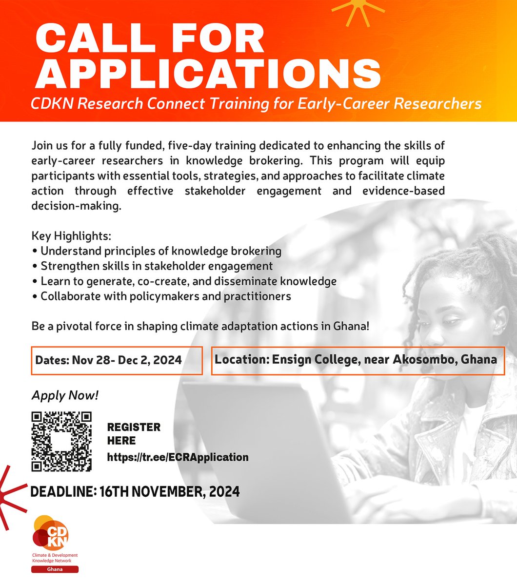cdknghana's tweet image. Be a driving force and enhance your knowledge brokering skills to inform evidence through research and climate adaptation actions in Ghana.
 
Apply NOW  lnkd.in/eunqz6XY 

Deadline 16th November 2024  
#cdknghana #cdkn #knowledgebrokering #locallyledadaptation #art