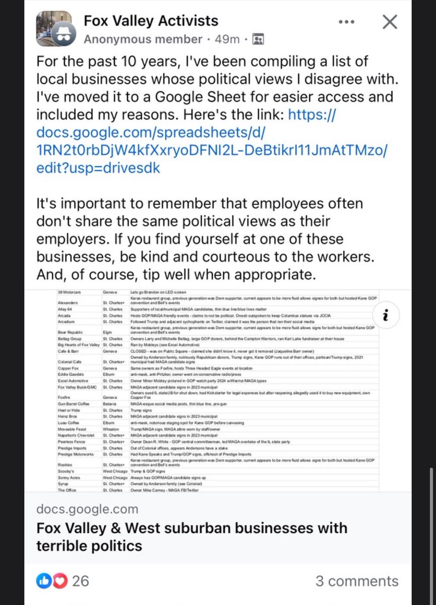 Awake_IL's tweet photo. Fox Valley communists created a list of retailers they plan to boycott. 

They think they can struggle pro-America businesses in the area. 

Would be a shame if you shared it and told your friends to support these businesses. 😉💪🏼🇺🇸

(Yes, Moveable Feast made the list!) https://t.co/V2YI3FwKtL