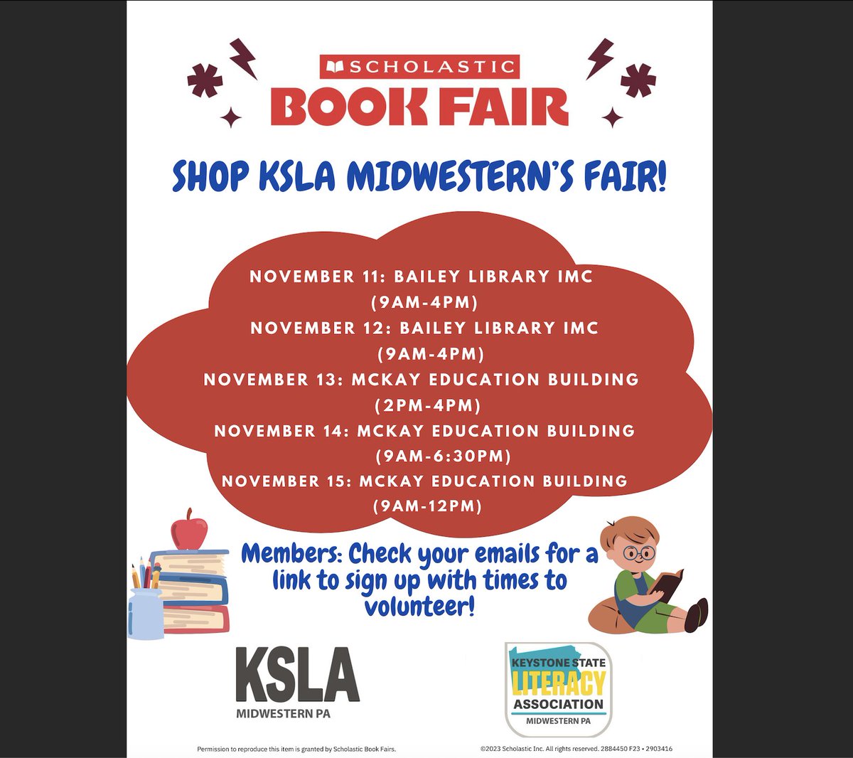 It's book fair week!! KSLA MIDWESTERN's fair is open to members and the public! Members: please check your email for the link to volunteer for the book fair!! We hope to see everyone there!