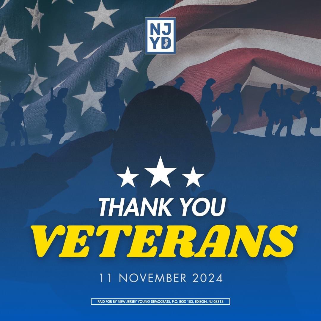 NJYoungDems's tweet photo. Today we would like to extend our heartfelt gratitude to all service members who have bravely defended our nation. We honor and celebrate your sacrifices, dedication, and the many ways you've served to protect our freedoms.

Happy Veterans Day to all who have served! https://t.co/OtYBImmYvw