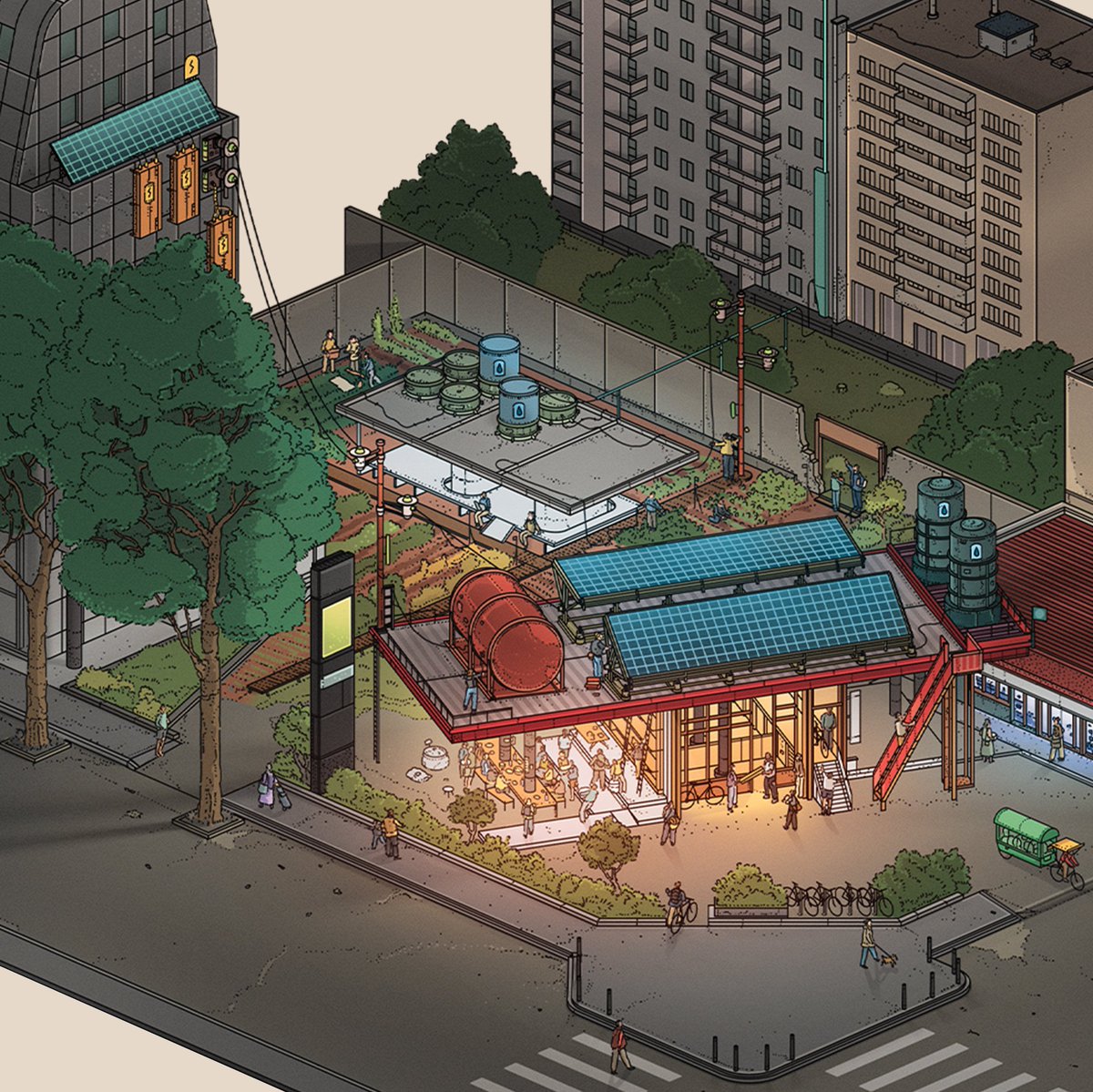 Urban Post Carbon Gas Stations - Crop Detail

A little detail showing the gathering space and communal gardens and lots of other little details sheltered under the glowing awning of a repurposed gas station in Paris, a concept developed for AREP.