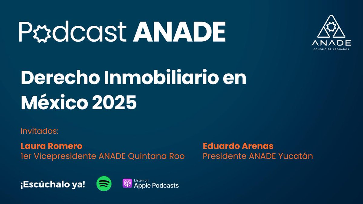 ¿Ya escuchaste el último EPISODIO del #podcastANADE 🎙️”Derecho Inmobiliario en México”? 🇲🇽
Con Laura Romero, primer Vicepresidente de <a href="/ANADEQRoo/">ANADE Sección Quintana Roo</a> y Eduardo Arenas, Presidente de <a href="/AnadeYucatan_/">Anade Yucatán</a>
🎧Escúchalo en #Spotify 👉bit.ly/3YIrmhI
#TodosSomosANADE #ANADE2024