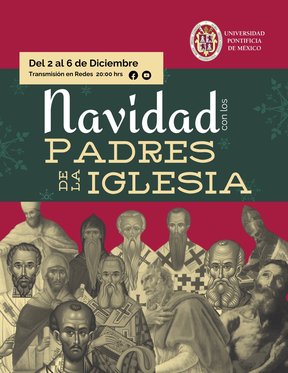 UPontificia's tweet photo. Como cada año, estamos preparando una nueva temporada de: La navidad con los Padres de la Iglesia
Sigue la transmisión por esta página el 2, 3, 4 , 5 y 6 de Diciembre en punto de las 20 hrs.

Inscríbete aquí
https://t.co/zc5p6lgF8t https://t.co/u9NvLFhNHe