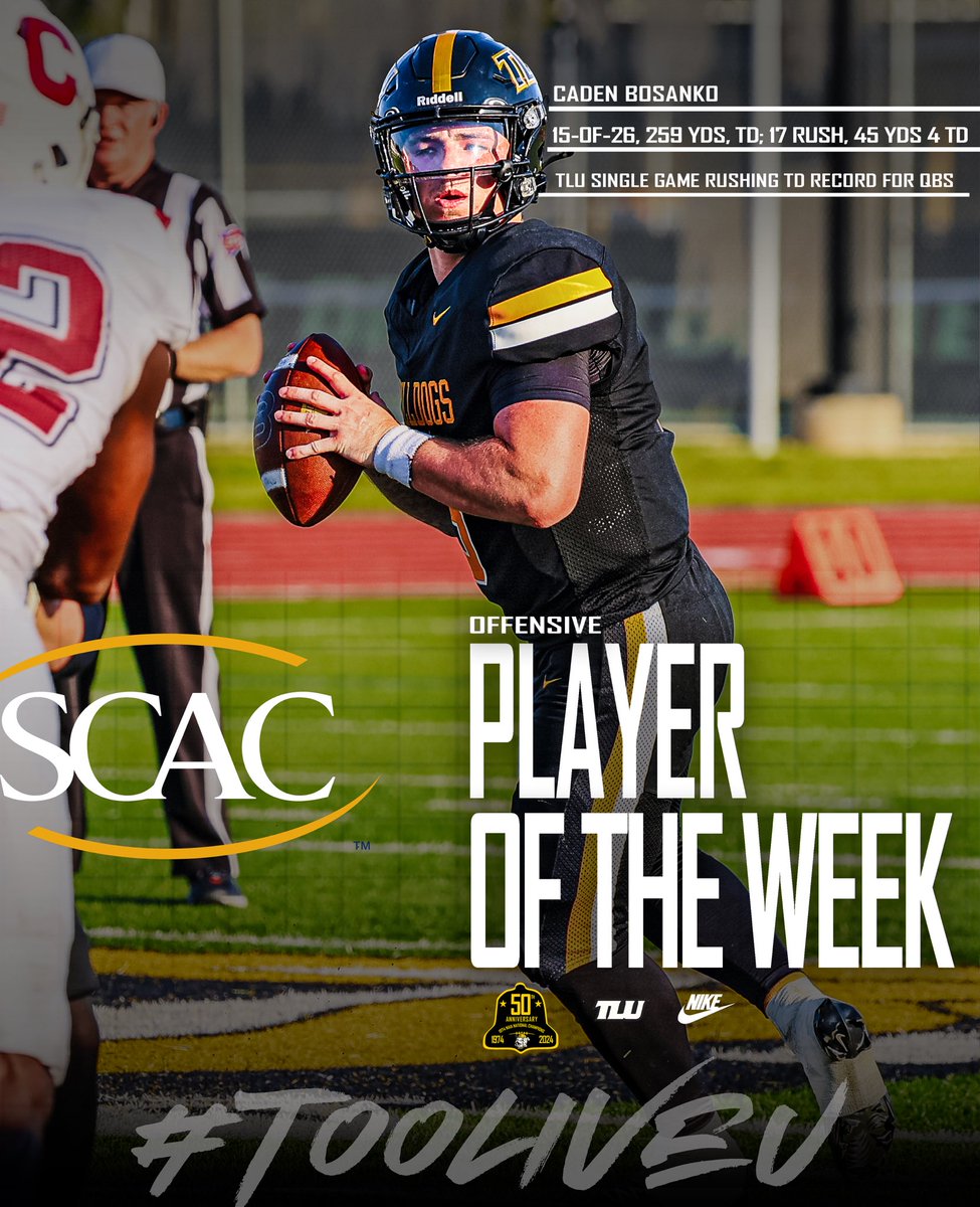 TLU Football (@tlu_football) on Twitter photo They canโt stop 5๏ธโฃ
For the third time in four weeks, <a href="/bosanko_caden/">caden.bosanko</a> is your SCAC Offensive Player of the Week following his second four rushing touchdown performance against Centenary!
๐๏ธ: rb.gy/1r80jk
#TooLiveU | #PupsUp They canโt stop 5๏ธโฃ
For the third time in four weeks, <a href="/bosanko_caden/">caden.bosanko</a> is your SCAC Offensive Player of the Week following his second four rushing touchdown performance against Centenary!
๐๏ธ: rb.gy/1r80jk
#TooLiveU | #PupsUp
