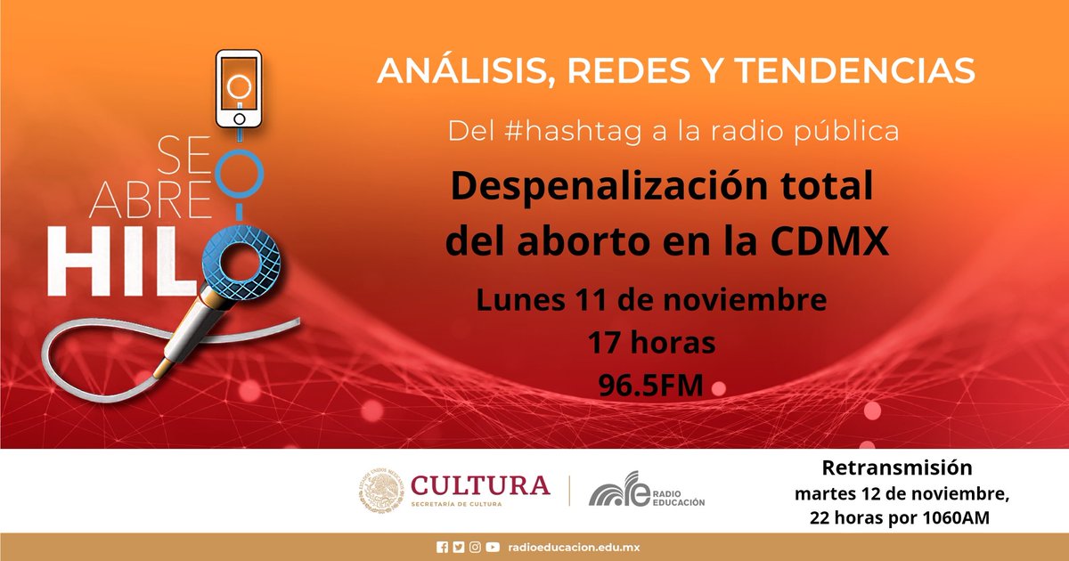 Prepare sus preguntas y comentarios sobre #DespenalizaciónAborto, tema que hoy analizaremos en <a href="/seabrehilo/">seabrehilo</a> con <a href="/yuriri_ayala/">Yuriri Ayala</a>, Pascale Brennan, <a href="/FerDzLn/">Fernanda Díazdeleón</a> y <a href="/lamuylibre/">Lizbeth Ortiz Acevedo</a>.
Conducen <a href="/EliudPluma/">Eliud Hernández</a> y <a href="/vicospato/">Víctor Bárcenas</a>.
