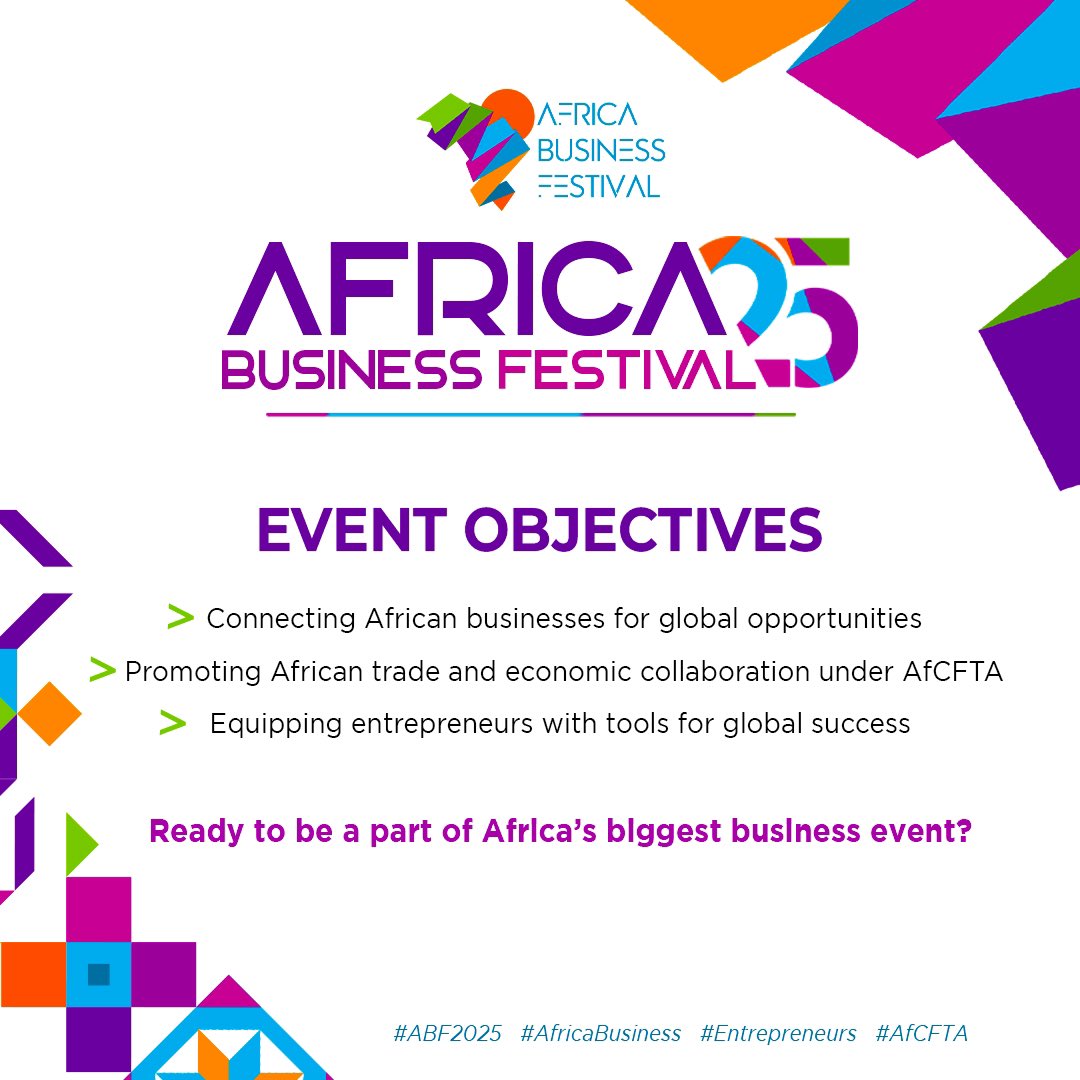 africabizfest's tweet photo. Africa's brightest minds gather to explore growth &amp; tackle challenges of going global. 

Get inspired &amp; connect!
July 25, 2025

#ABF 🌍✨ Stay tuned!" https://t.co/o0XCqHHNX6