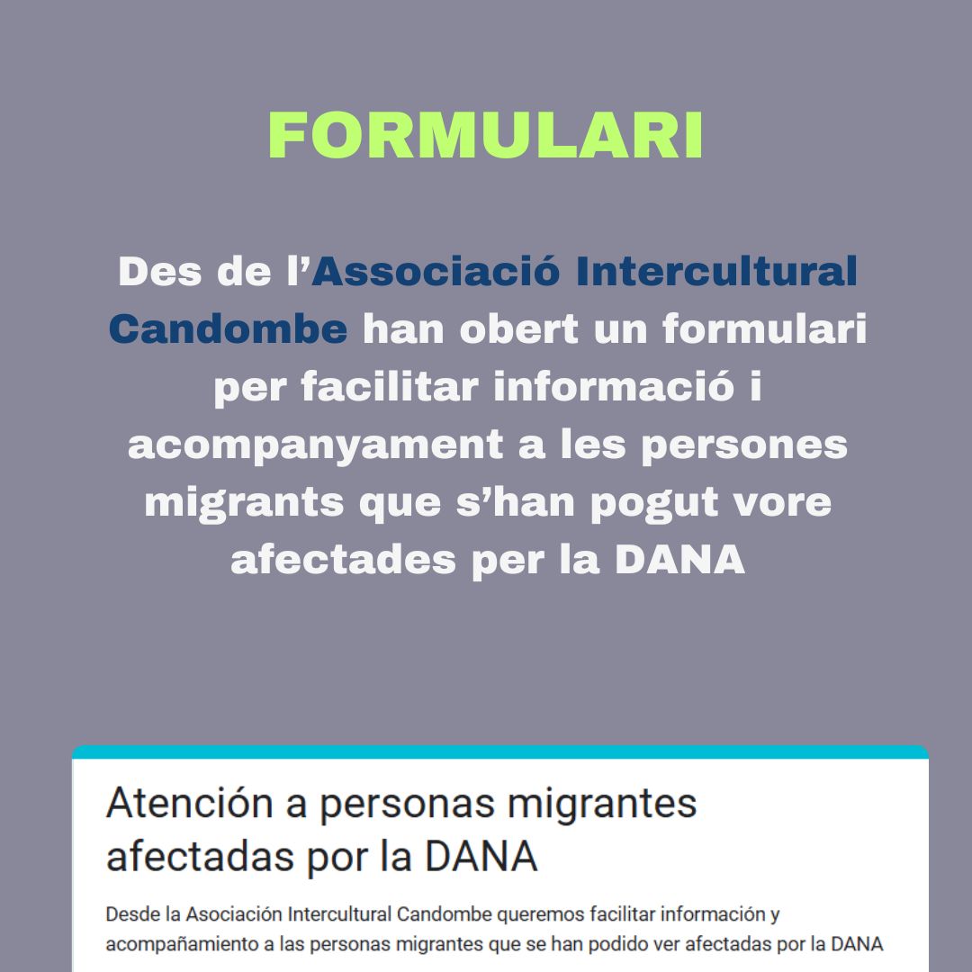 SuportMutuDana's tweet photo. ATENCIÓ A PERSONES MIGRANTS AFECTADES PER LA DANA
🌐Des de l’Associació Intercultural Candombe @ACandombe han obert un formulari per facilitar informació i acompanyament a les persones migrants que s’han pogut vore afectades per la DANA
Link al formulari: https://t.co/rJfCsMVTYb https://t.co/KJsATf6ioq