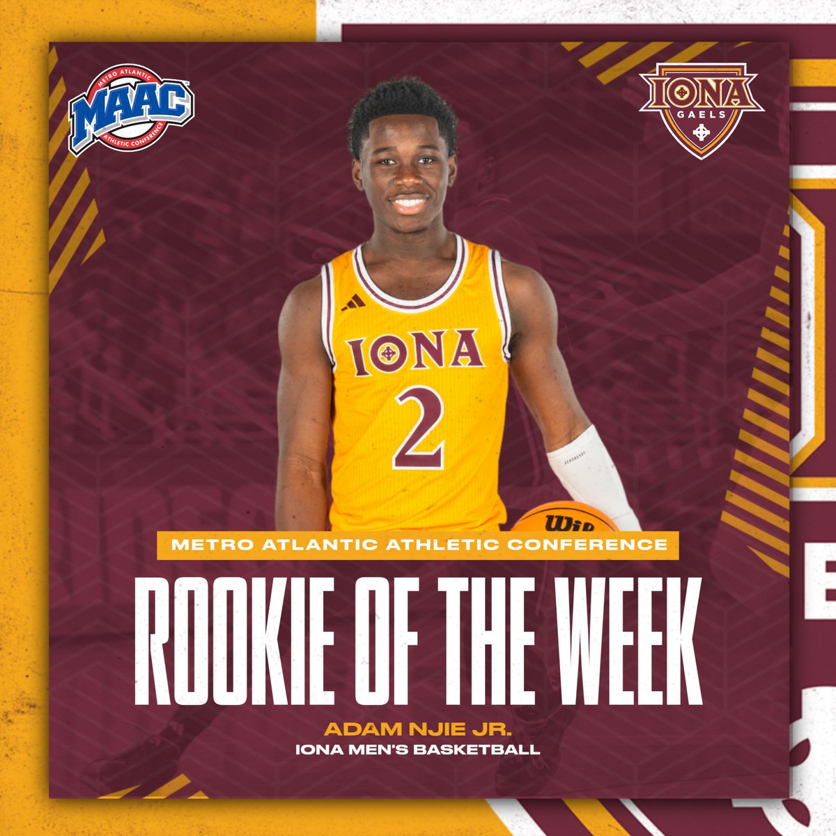 Iona Men’s Basketball (@ionagaelsmbb) on Twitter photo 😤𝐓𝐎𝐏 𝐑𝐎𝐎𝐊𝐈𝐄😤
Congratulations to <a href="/2_adamm/">Adam Njie Jr</a>, the <a href="/MAACHoops/">#MAACHoops</a> first Rookie of the Week for the 2024-25 campaign.
Njie led all MAAC Rookies averaging 13.0 points and 3.5 assists per game in the Gaels contests at Princeton and Hofstra!
#GaelNation #MAACHoops <a href="/Gaels_Nation/">Gaels Nation</a> 😤𝐓𝐎𝐏 𝐑𝐎𝐎𝐊𝐈𝐄😤
Congratulations to <a href="/2_adamm/">Adam Njie Jr</a>, the <a href="/MAACHoops/">#MAACHoops</a> first Rookie of the Week for the 2024-25 campaign.
Njie led all MAAC Rookies averaging 13.0 points and 3.5 assists per game in the Gaels contests at Princeton and Hofstra!
#GaelNation #MAACHoops <a href="/Gaels_Nation/">Gaels Nation</a>