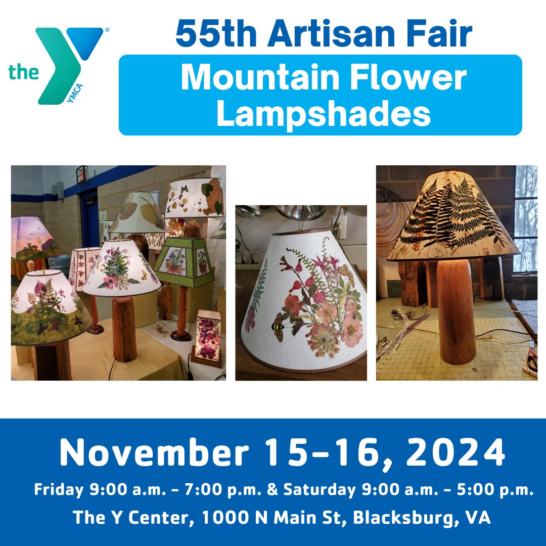 vtymca's tweet image. Meet Your Vendors!
Mountain Flower Lampshades from Mouth of Wilson, VA, is coming to the YMCA&apos;s 55th Artisan Fair! Discover unique lampshades crafted with beautifully pressed flowers—one-of-a-kind pieces for your home!

🗓️ Nov 15-16
📍 YMCA Thrift
#YMCAArtisanFair #ShopLocal