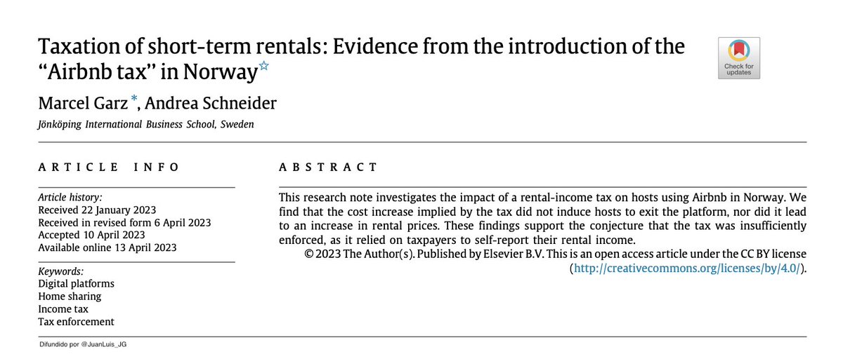 Ante presión industria hotelera y quejas de residentes, el Gobierno noruego estableció impuesto 22% a rentas obtenidas por alquileres de corta duración (Airbnb tax), con el objetivo de reducir su oferta. 

Resultado: sólo recaudó, no redujo oferta Airbnb.

sciencedirect.com/science/articl…