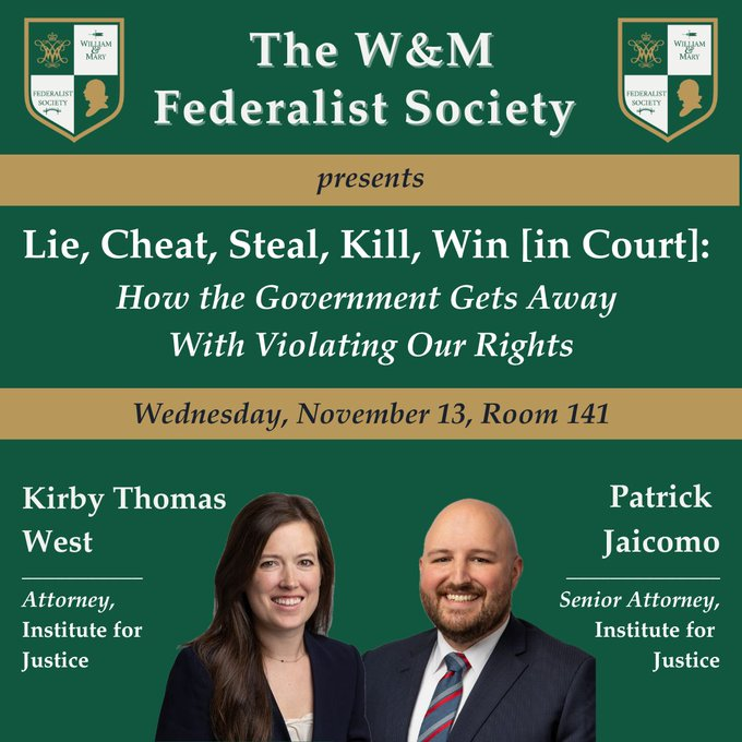 Patrick Jaicomo (@pjaicomo) on Twitter photo Hey <a href="/WMLawSchool/">William & Mary Law School</a> students!
This Wednesday (11/13), come talk to <a href="/KirbyThomasWest/">Kirby Thomas West</a> and me about the chicanery the gov't gets into, what <a href="/IJ/">Institute for Justice</a>'s doing about it, and what you can do too!
We'll discuss public-interest impact litigation, #CivilForfeiture, and #QualifiedImmunity. Hey <a href="/WMLawSchool/">William & Mary Law School</a> students!
This Wednesday (11/13), come talk to <a href="/KirbyThomasWest/">Kirby Thomas West</a> and me about the chicanery the gov't gets into, what <a href="/IJ/">Institute for Justice</a>'s doing about it, and what you can do too!
We'll discuss public-interest impact litigation, #CivilForfeiture, and #QualifiedImmunity.
