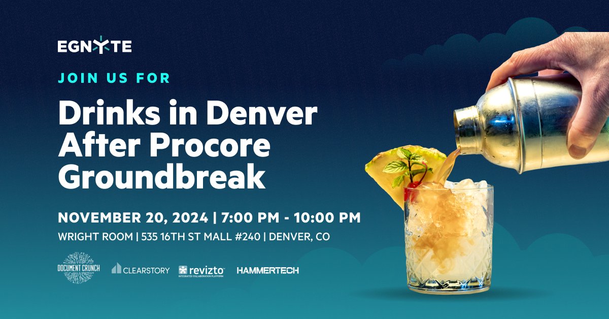 CSchmitty68's tweet image. Ready to unwind after a productive Day 1 at @ProcoreTech Groundbreak? Egnyte & our fantastic AEC partners invite you to our exclusive happy hour! Sip, snack, & network with industry peers just a short walk from the Denver Convention Center.  bit.ly/3YMiA2d