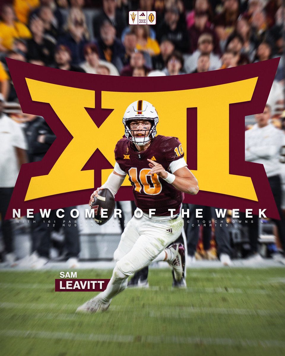 Sun Devil Football (@asufootball) on Twitter photo Newcomer Honors βΌοΈ
Sam Leavitt named <a href="/Big12Conference/">Big 12 Conference</a> newcomer of the week!
#ForksUp /// #ActivateTheValley Newcomer Honors βΌοΈ
Sam Leavitt named <a href="/Big12Conference/">Big 12 Conference</a> newcomer of the week!
#ForksUp /// #ActivateTheValley