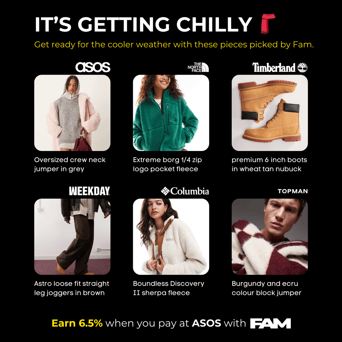 join_fam's tweet photo. Autumn drip? Check. Rewards? Double-check. Get cozy and cash in with 6.5% when you pay at ASOS with Fam. https://t.co/8lmdnkgoBG