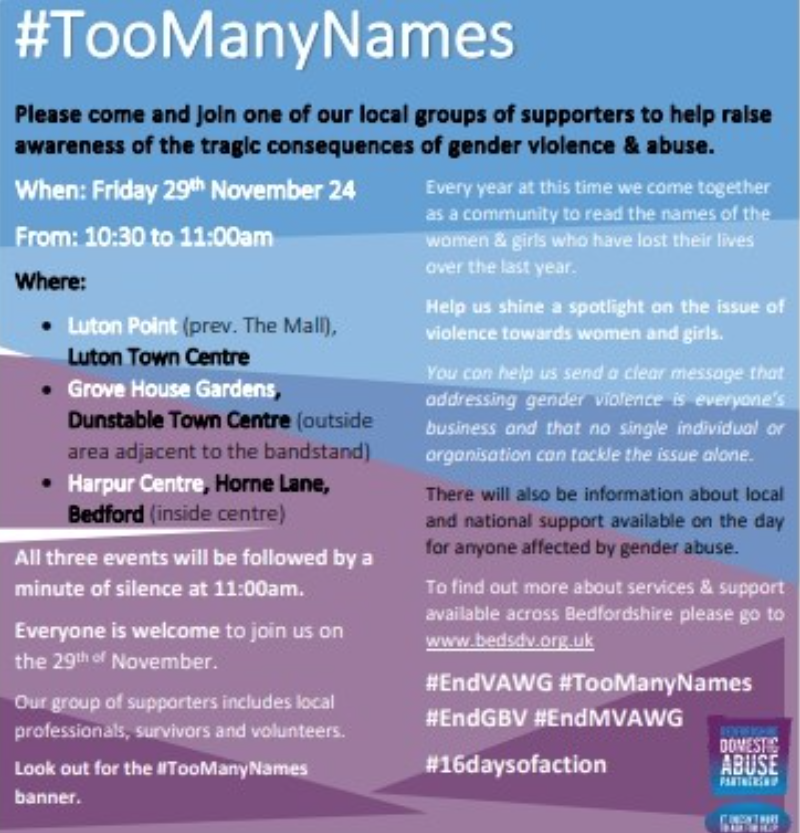 KilledWomennw's tweet photo. VS Bedfordshire: What you going to be doing on Friday 29th Nov? If you are in the Bedfordshire area and have a half hour free please join us for one of our 4th annual #TooManyNames events. All welcome.
#EndVAWG #16DaysOfActivism https://t.co/x6czrtfePx