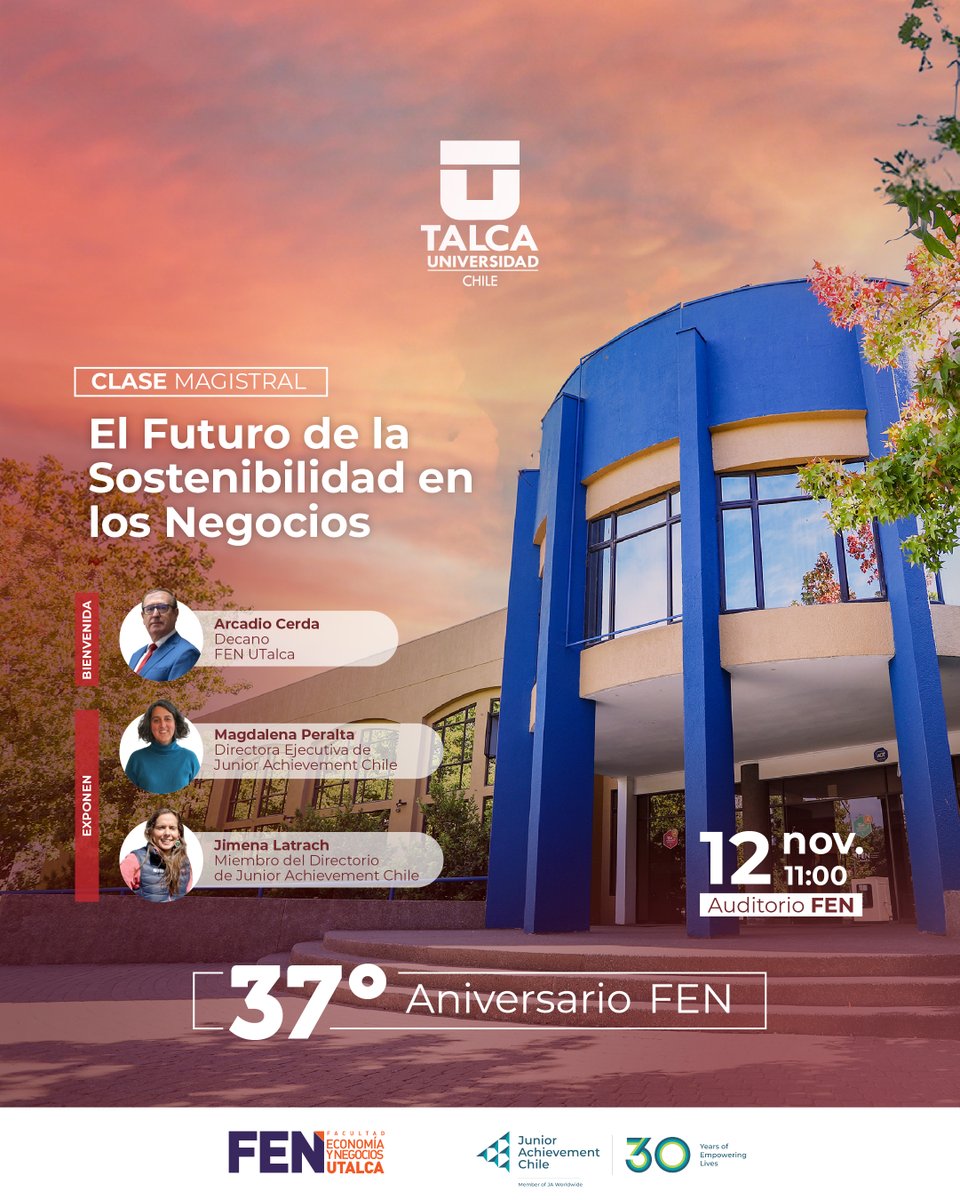 ¡Celebremos junt@s el 37° aniversario de la FEN UTalca! 🎉  

La Facultad de Economía y Negocios, en su 37° aniversario, les invita a participar en la clase magistral “El Futuro de la Sostenibilidad en los Negocios”, a cargo de destacadas expertas de <a href="/JA_Chile/">Junior Achievement Chile</a> .

#SoyFENUTalca
