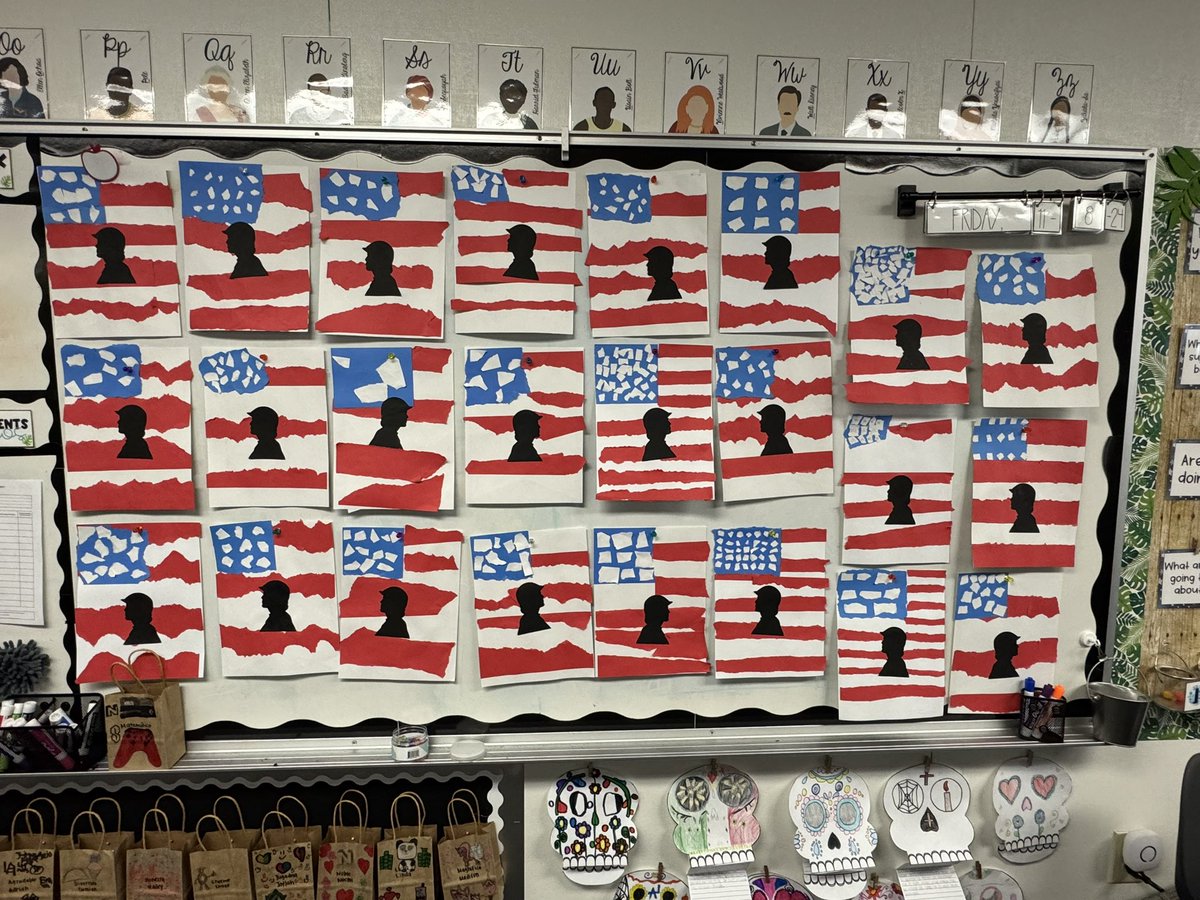 Room 33 students learned about the history of Veteran’s Day and why we celebrate it. They created the American flag using tear art.